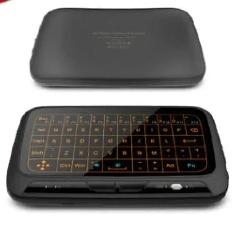 H18 mini backlit wireless Bluetooth keyboard black with illuminated orange and blue keys and matching protective case