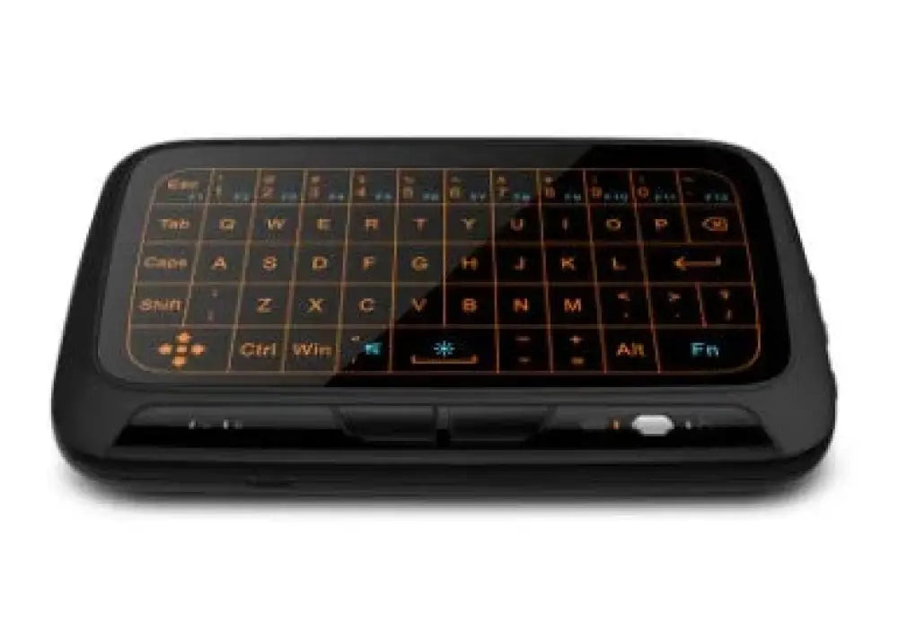 Black h18 mini backlit wireless bluetooth keyboard with illuminated orange and blue keys in sleek plastic casing