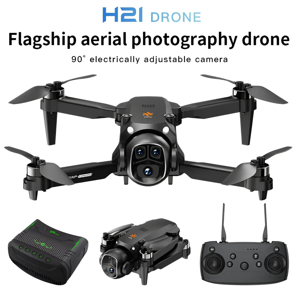 Black h21 brushless dual camera foldable drone with four propellers and 90° electrically adjustable camera in compact design