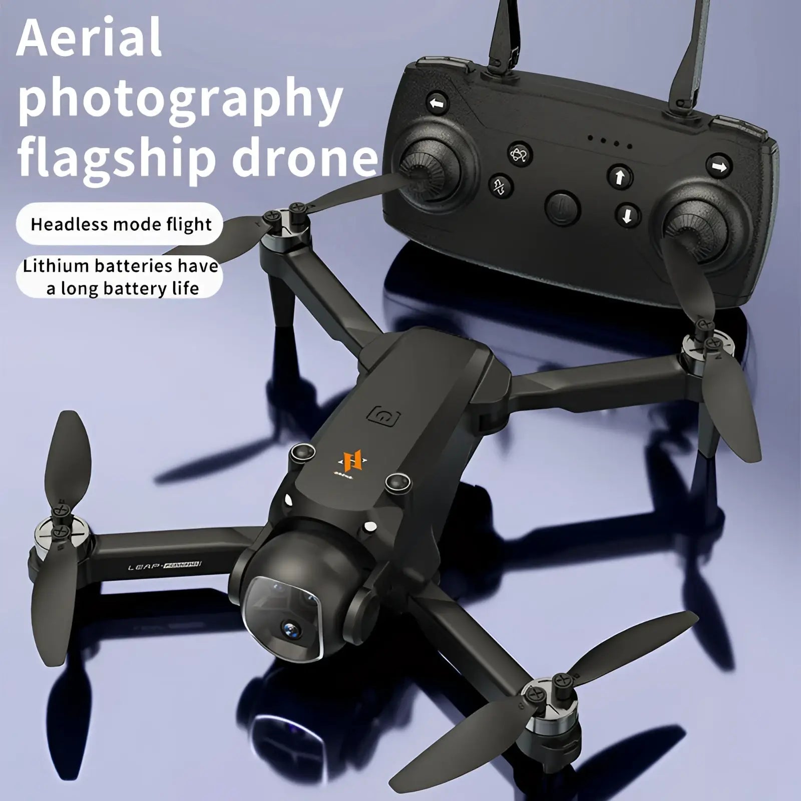Black H21 brushless dual camera foldable drone with four propellers and matching remote control displayed front view