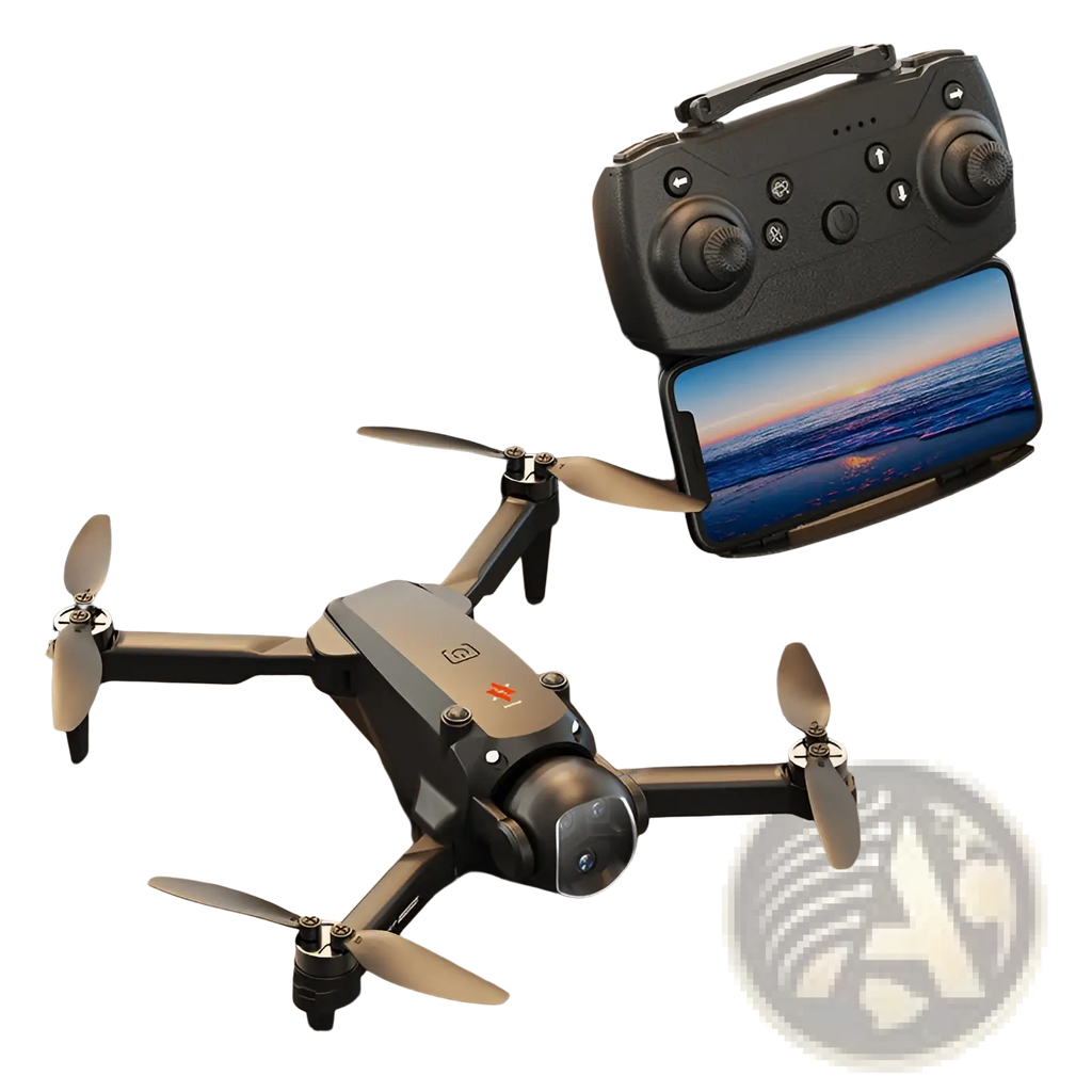 Black and gray h21 brushless dual camera foldable drone with beige propellers and front-facing camera lens for vr headset use