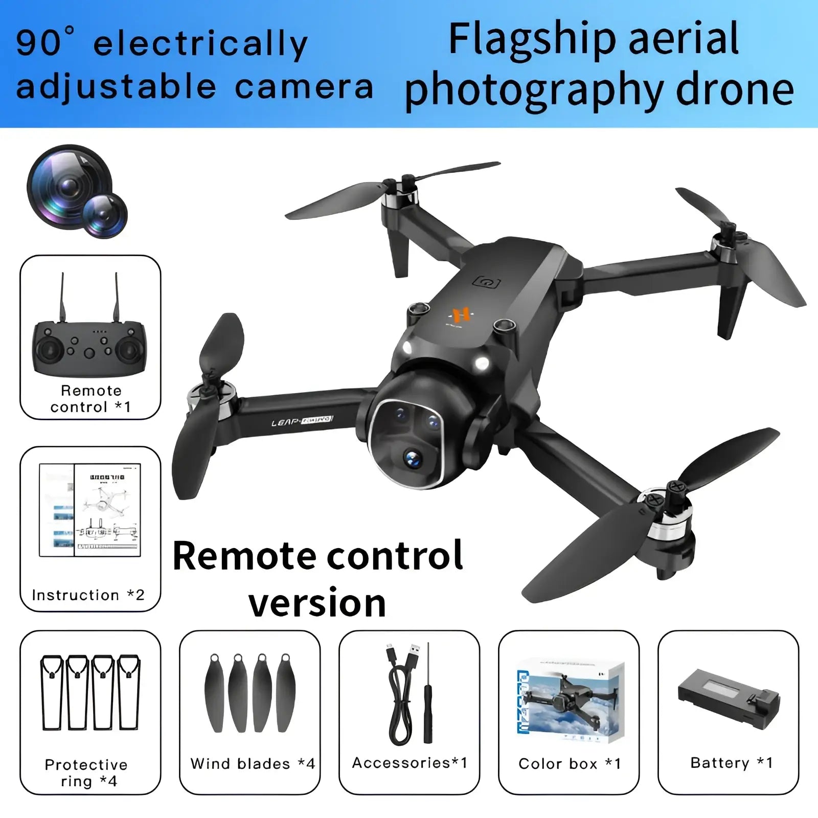 Black h21 brushless dual camera foldable drone with vr headset featuring 90 degree adjustable leap branded camera