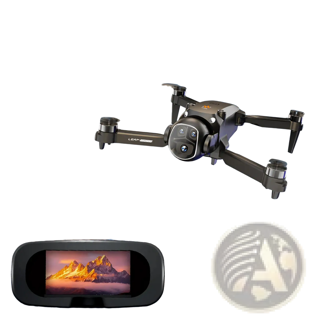 Black brushless dual camera foldable quadcopter drone with leap branding and front-mounted camera for vr headset use