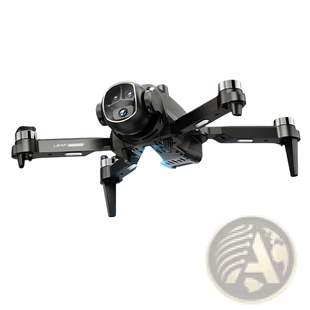 Black h21 brushless dual camera foldable drone with optical flow stabilization emitting blue light above icy mountains