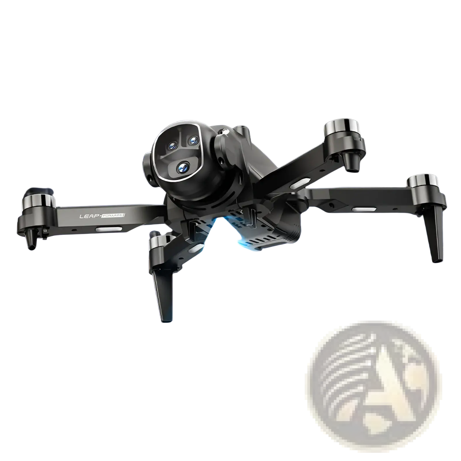 Black h21 brushless dual camera foldable drone with optical flow stabilization emitting blue light above icy mountains