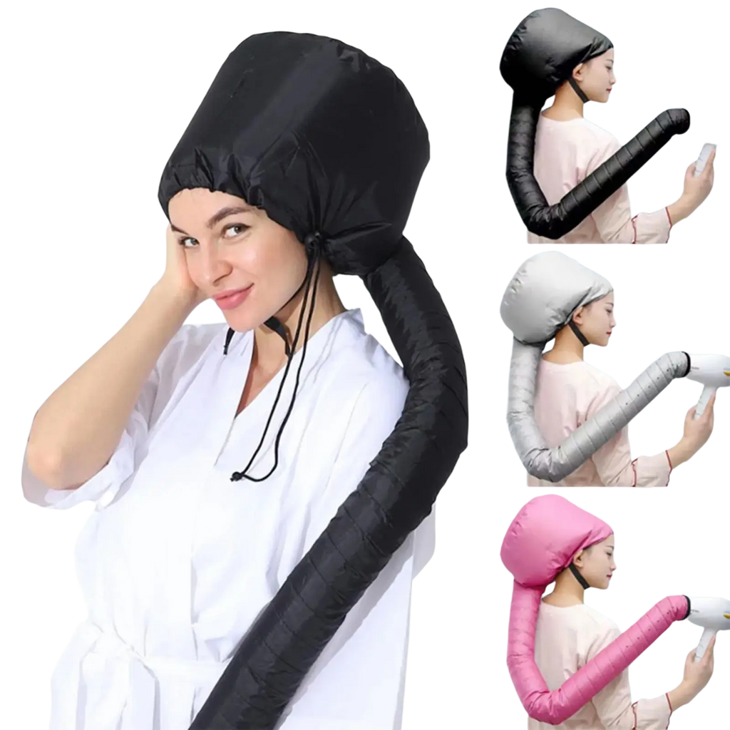 Black fabric hair cap with flexible tube attached for efficient heating technology in hair care and deep conditioning use