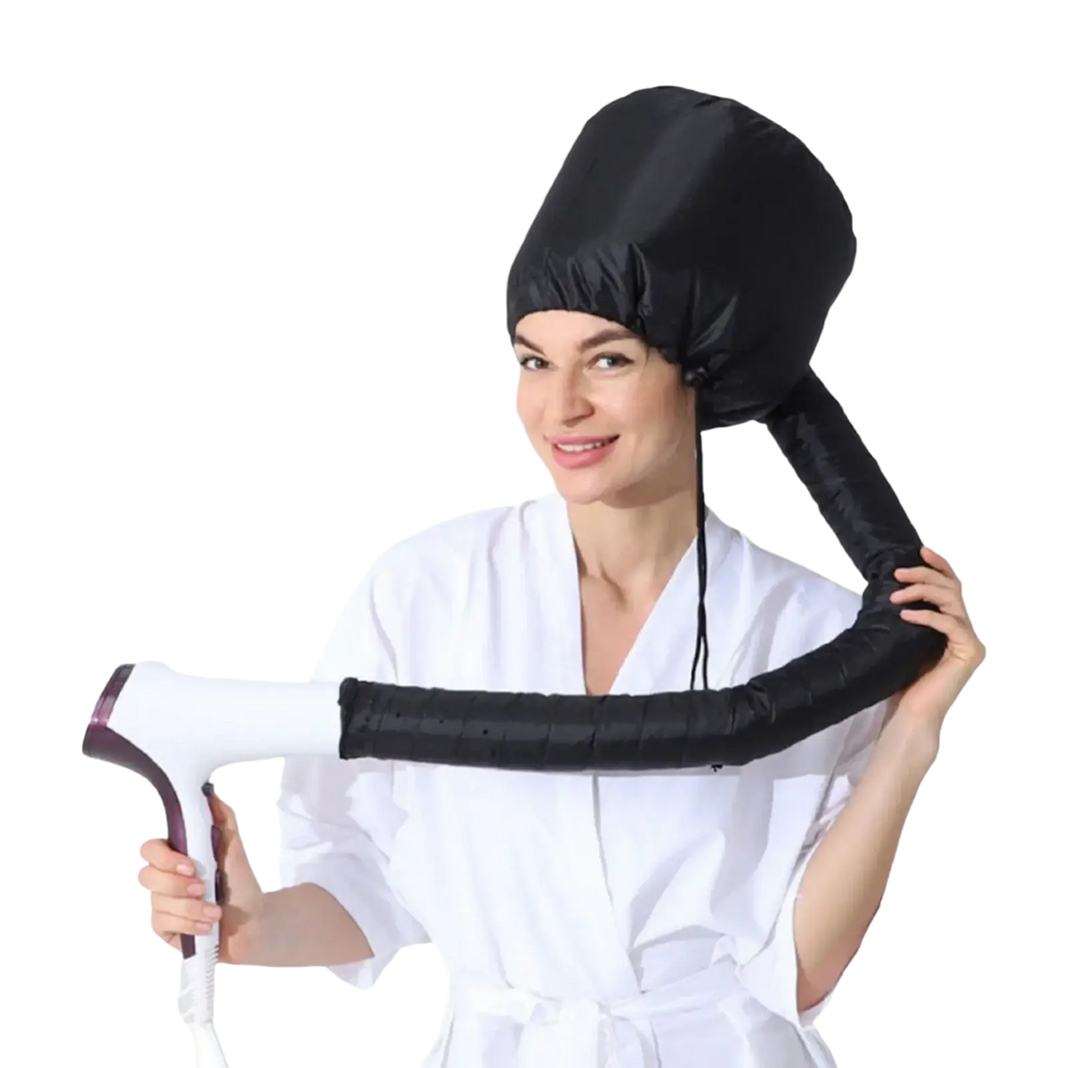Black fabric hair cap with flexible padded tube for hair dryer featuring efficient heating technology in hair care