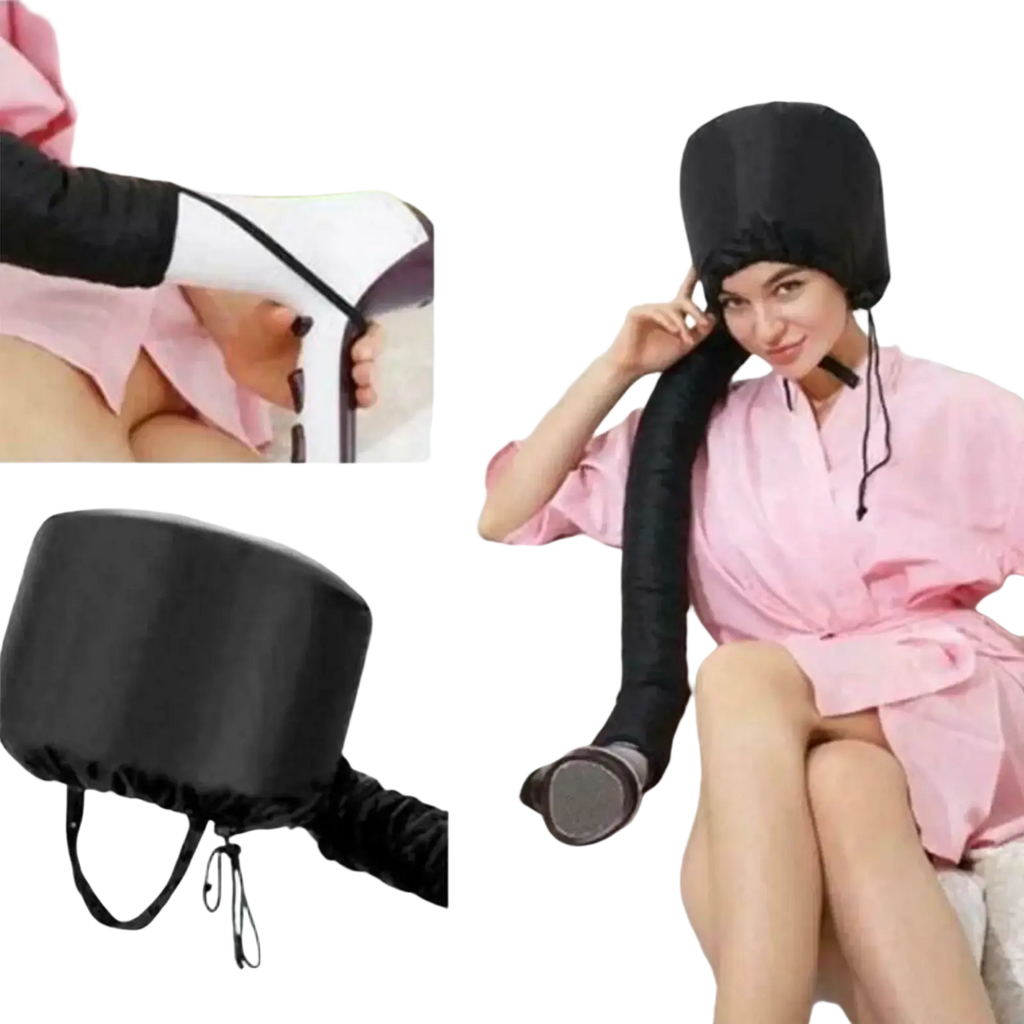 Black fabric hair cap for hair dryer with elasticated drawstring and long flexible tube for efficient heating technology hair care