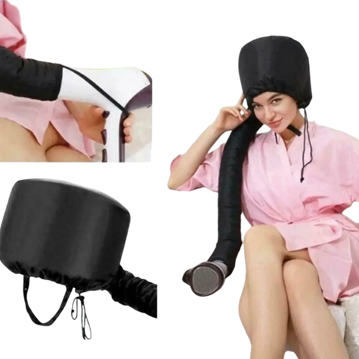 Black fabric hair cap for hair dryer with elasticated drawstring and long flexible tube for efficient heating technology hair care