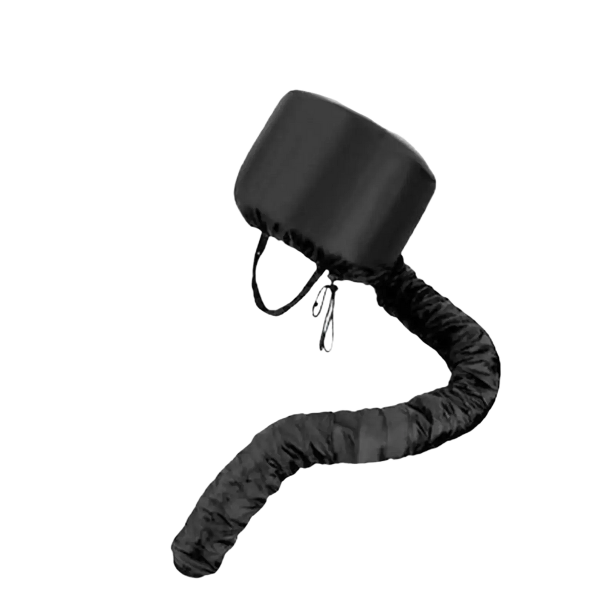 Black fabric-covered flexible tripod stand with adjustable height and drawstring closure for hair cap hair care use
