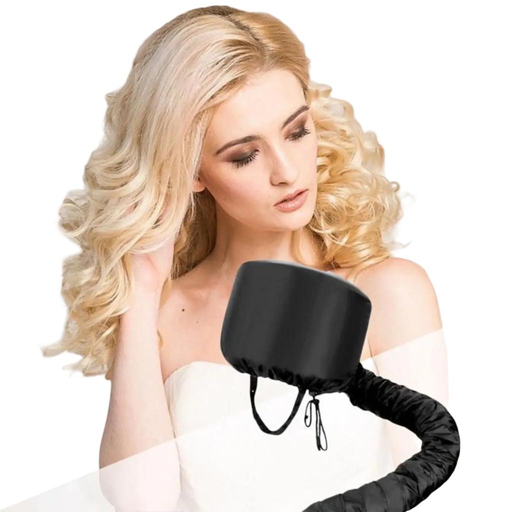 Black satin-lined hair cap for hair dryer with adjustable strap and silicone hose for efficient hair care heating technology