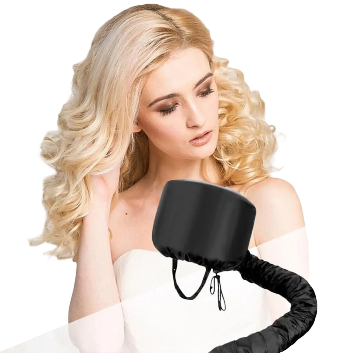 Black satin-lined hair cap for hair dryer with adjustable strap and silicone hose for efficient hair care heating technology