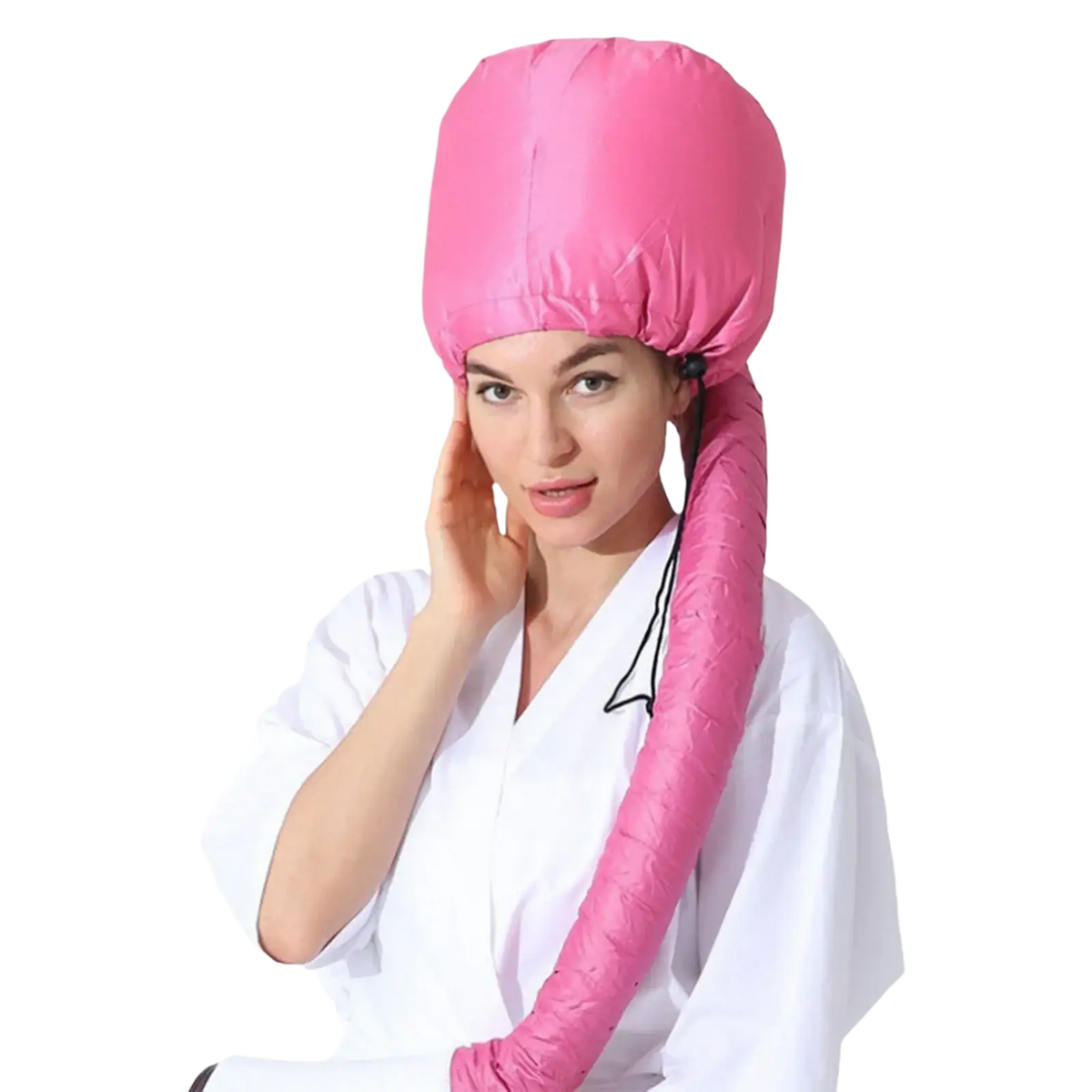 Pink quilted hair cap with long flexible tube seen from the back for hair care and efficient heating technology