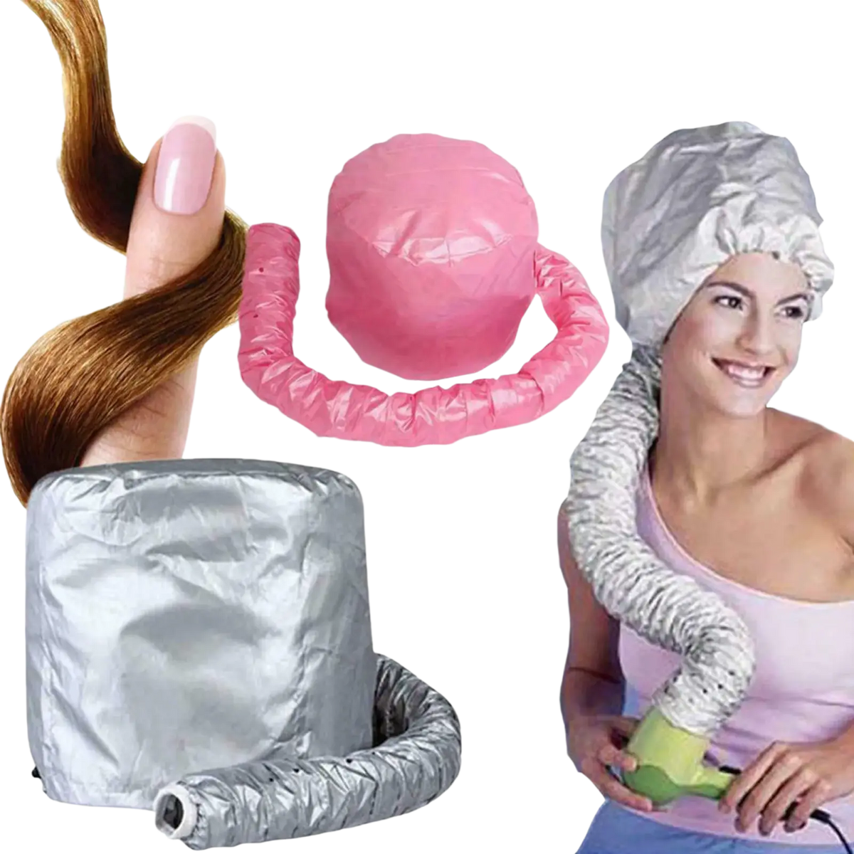 Pink and silver hair cap with flexible hose attachment for hair dryer and deep conditioning using efficient heating technology