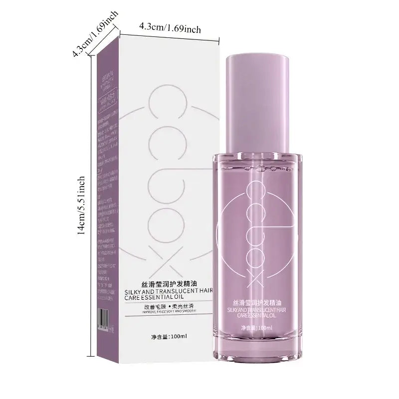 A sleek transparent glass bottle of hair care essential oil 100ml with lavender cap for dry hair care