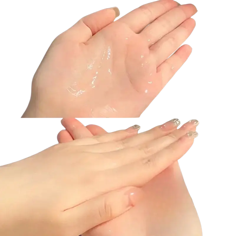 A translucent gel-like hair care essential oil being applied between hands for dry hair in a 100ml container