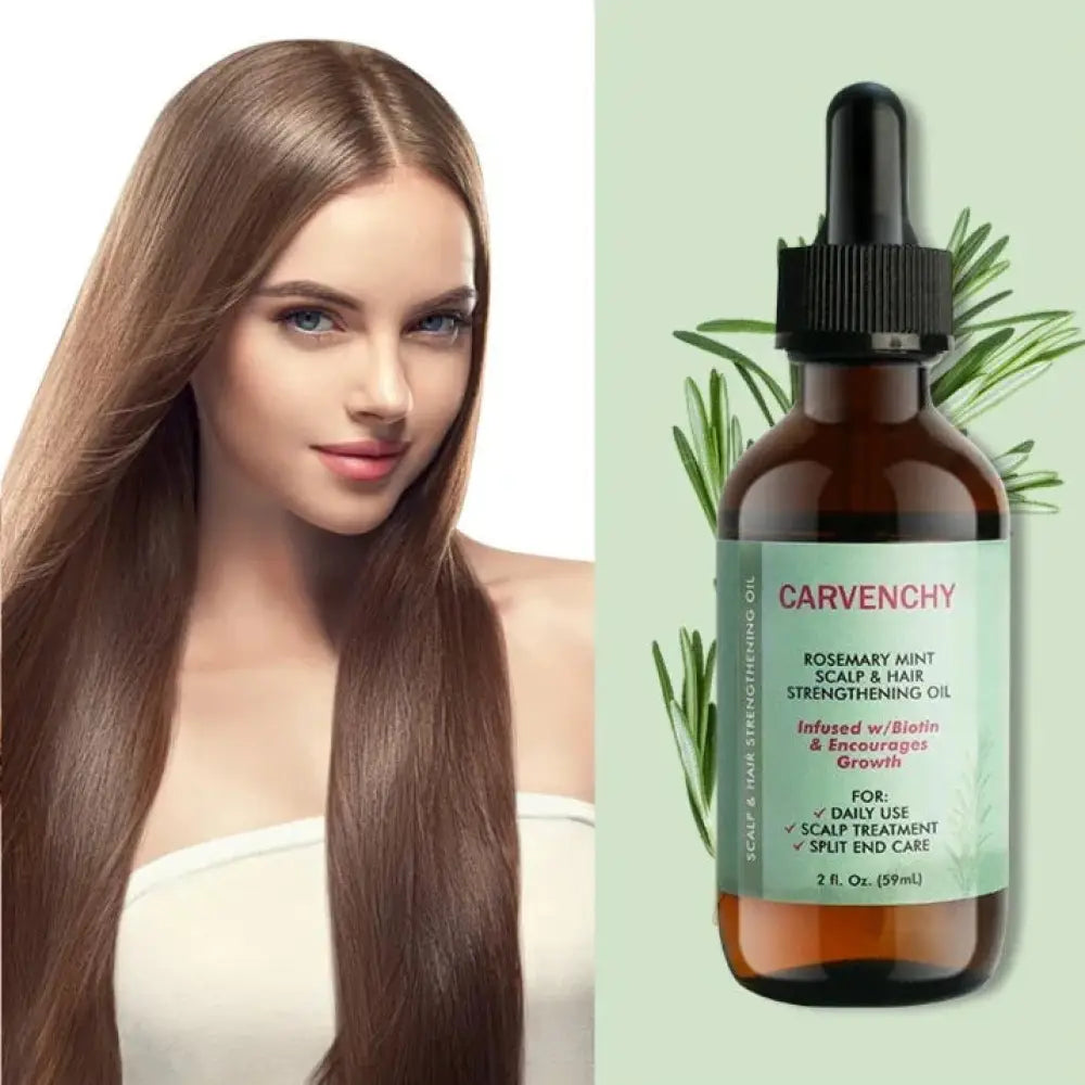Carvenchy rosemary mint hair strengthening and growth oil in a brown glass dropper bottle with black cap