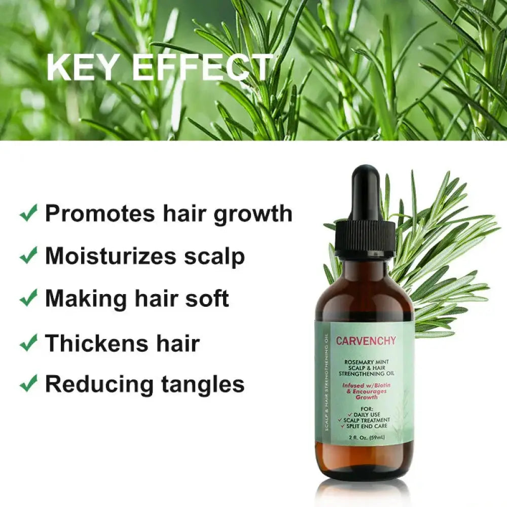 Carvenchy rosemary mint hair strengthening and growth oil in a dark amber glass bottle with black dropper cap and light green label