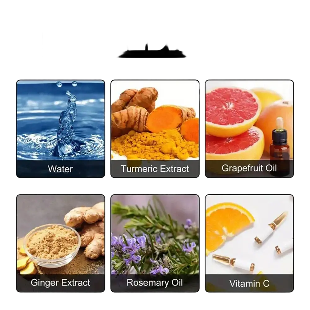 The back side of hair care essential oil onion rosemary peppermint lists ingredients including turmeric extract and vitamin c