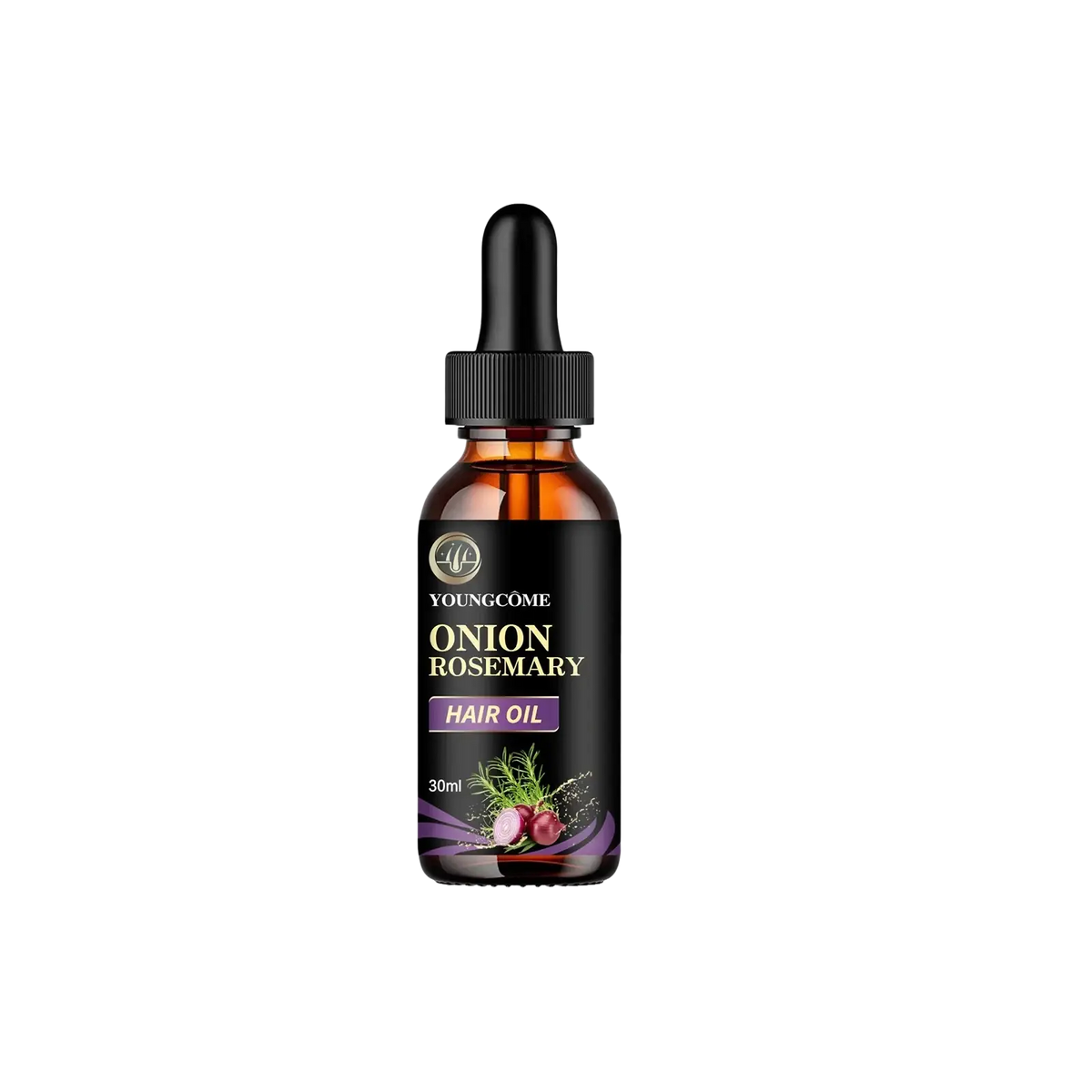 A sleek amber glass bottle of youngcome onion rosemary hair care essential oil with black dropper and purple botanical design