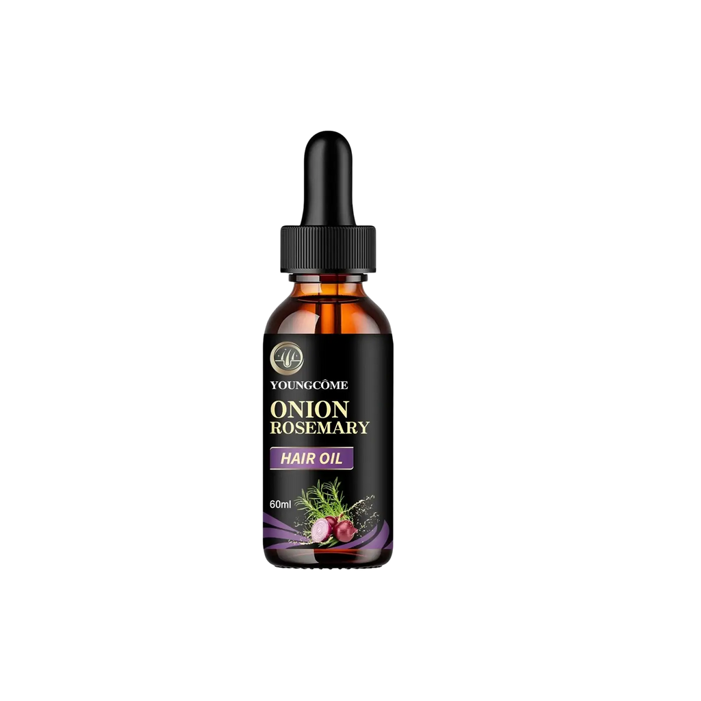 A sleek amber glass bottle with black dropper cap labeled youngcome onion rosemary hair care essential oil 60ml