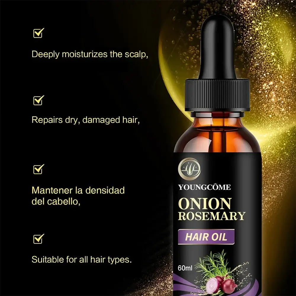 A sleek black glass bottle of youngcome onion rosemary hair care essential oil with amber oil and botanical illustrations