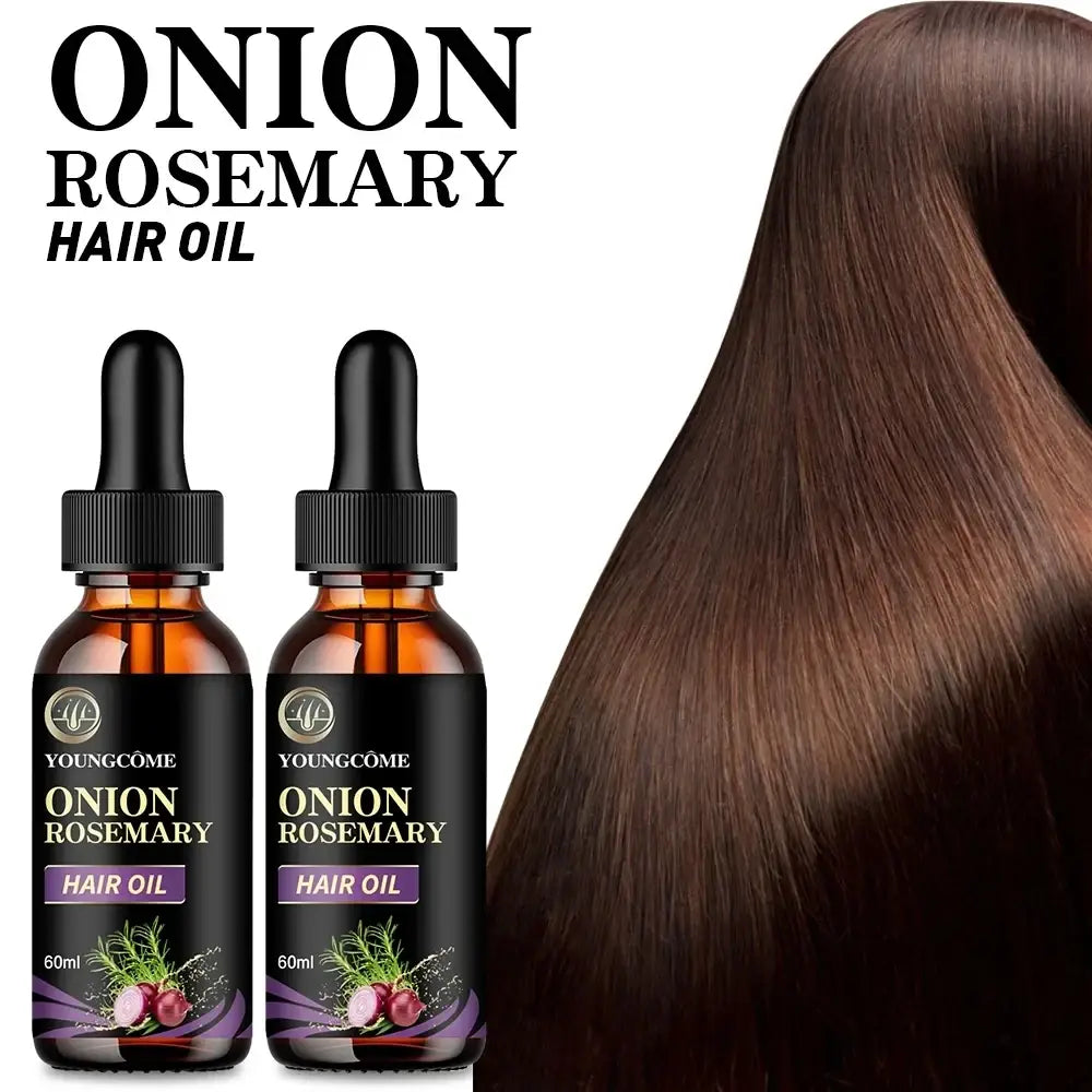 Two amber glass bottles of youngcome hair care essential oil onion rosemary peppermint with black dropper caps and illustrated labels