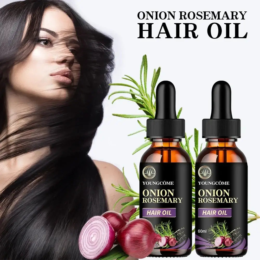 Two amber glass bottles of youngcôme onion rosemary hair care essential oil with black dropper caps and purple labels