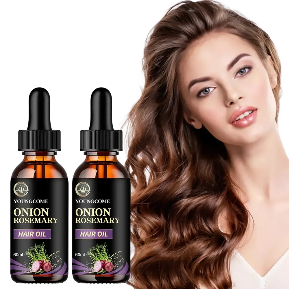 Two 60ml amber glass bottles of youngcôme onion rosemary hair care essential oil with black dropper caps and purple labels