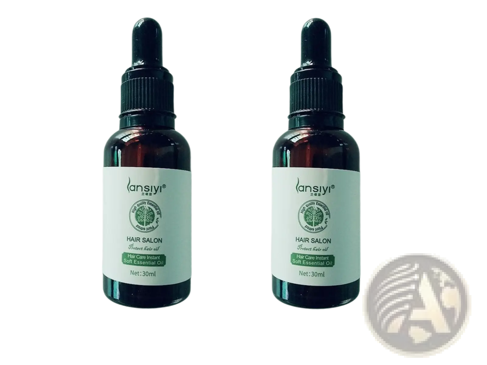 Two identical dark amber glass bottles of Lansiyi hair salon protect hair oil with black dropper caps and white labels