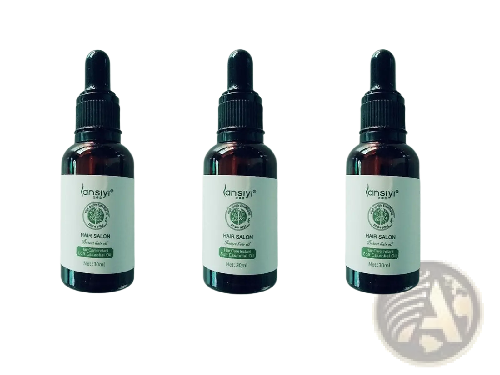 Three identical dark amber glass bottles with black dropper caps labeled lansiyi hair salon flower hair oil 30ml