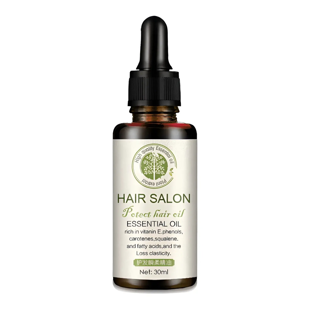 A dark amber glass bottle with black dropper cap labeled hair salon protect hair oil 30ml for hair care essential oil