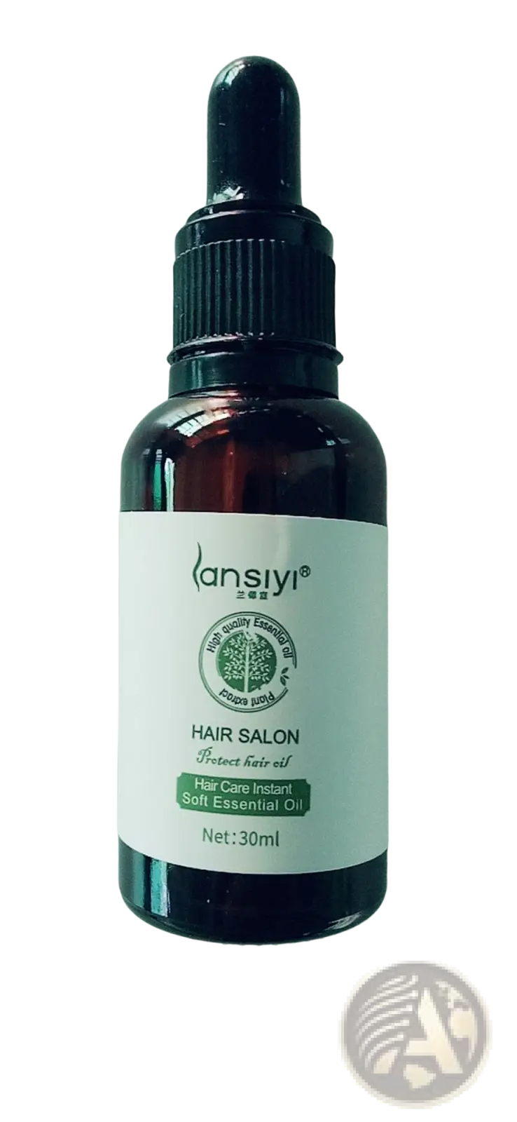 A dark amber glass bottle of lansiyi hair salon protect hair oil with black dropper and white label 30ml