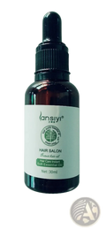 A dark amber glass bottle of lansiyi hair salon protect hair oil with black dropper and white label 30ml