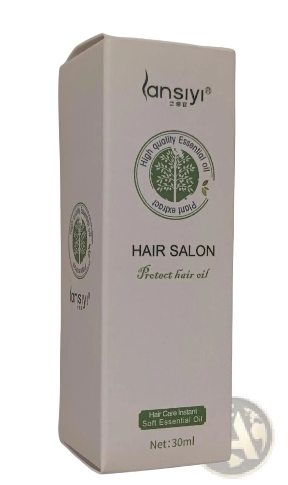 Lansiyi hair care essential oil salon protect 30ml in a sleek white rectangular box with green botanical accents