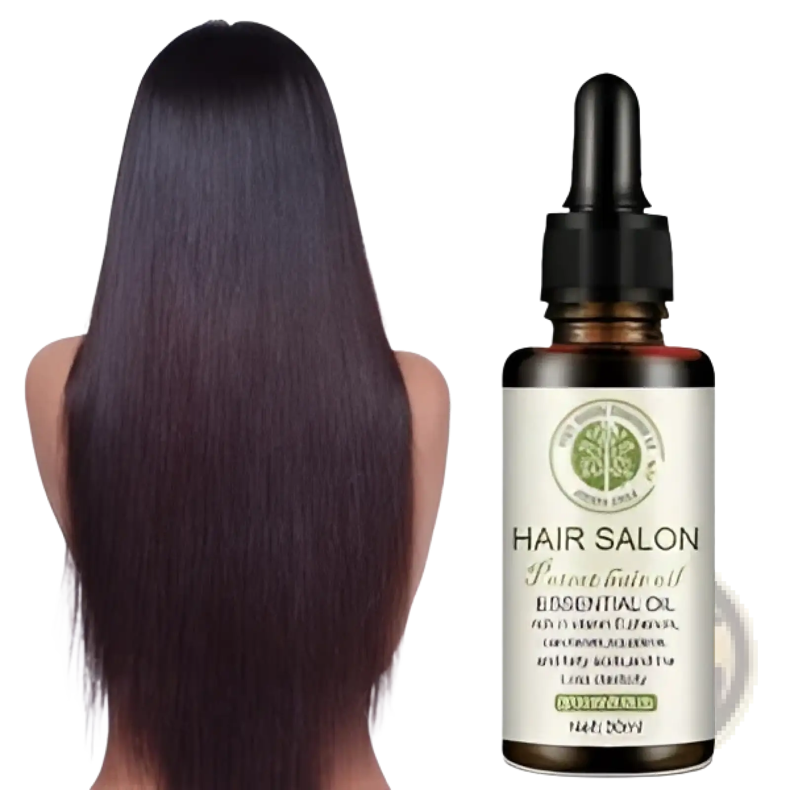 A sleek amber glass bottle with black dropper cap and white hair salon label contains 30ml hair care essential oil