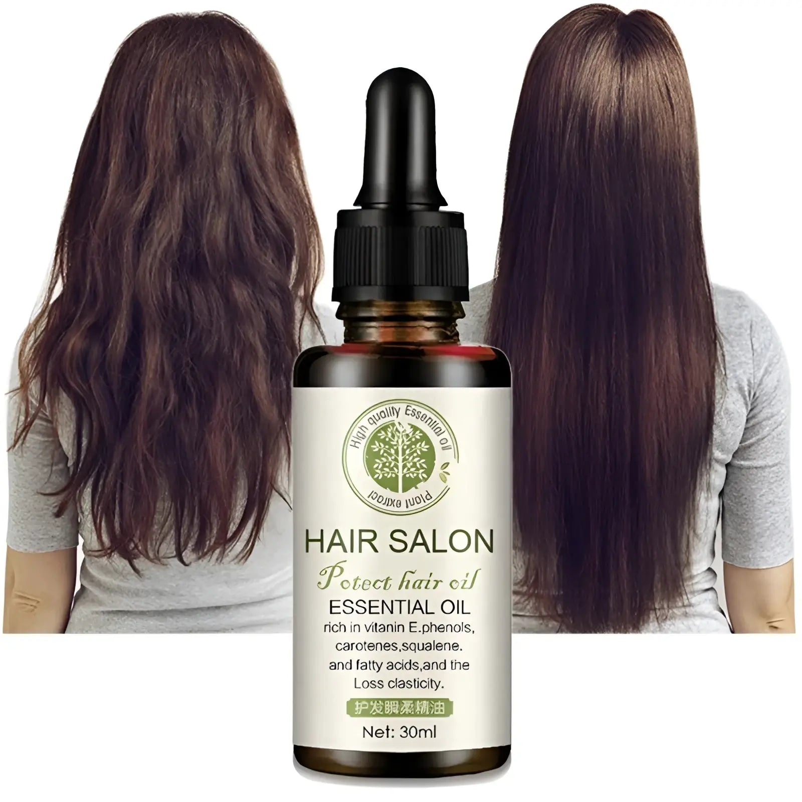 A sleek amber glass bottle with black dropper cap and silver label for hair care essential oil to restore elasticity