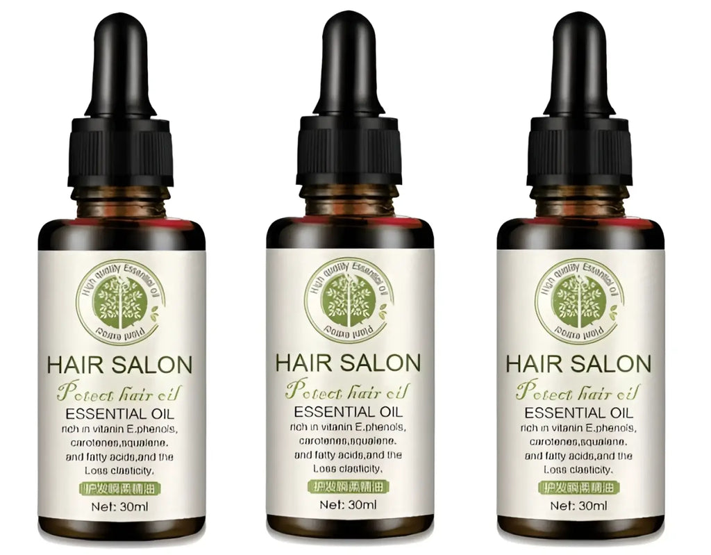 Three amber glass bottles of hair care essential oil salon protect 30ml with black dropper caps and white labels