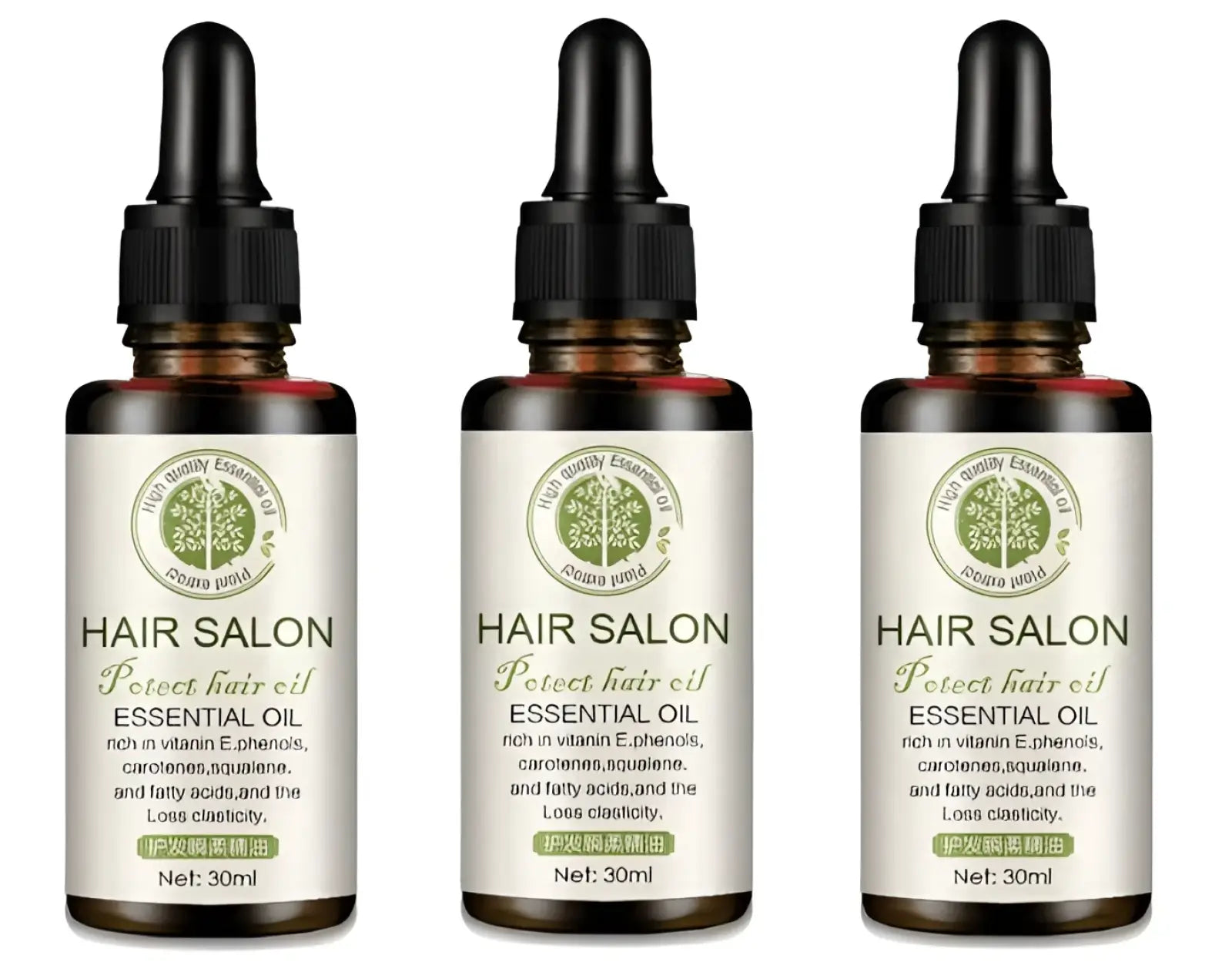 Three amber glass bottles of hair care essential oil salon protect 30ml with black dropper caps and white labels