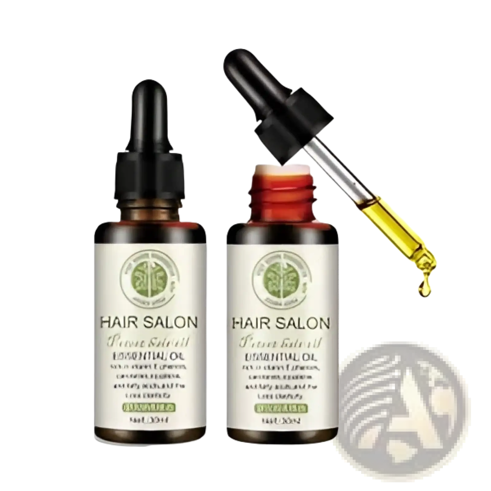 Two identical black glass bottles with dropper caps labeled hair salon 30ml essential oil for hair care protection