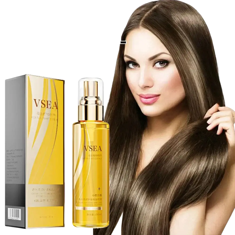 Golden vsea hair care essential oil spray 100ml in a transparent bottle with metallic gold pump for hair care