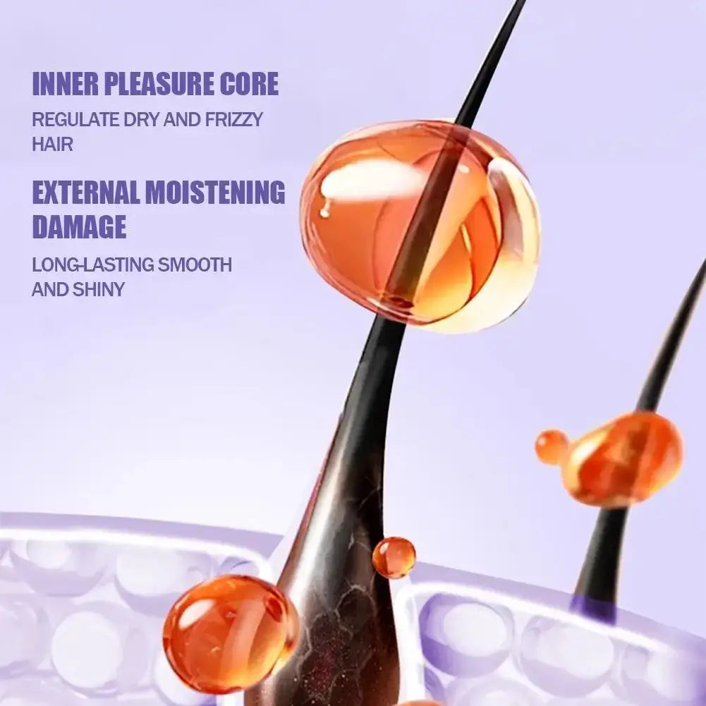 Orange glossy droplets of essential oil hair care spray clinging to a stylized black hair shaft for smooth oil spray treatment