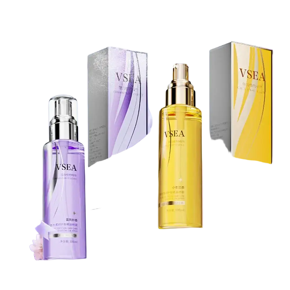 Two vsea brand hair care essential oil spray serums in sleek glass bottles with lavender and amber-yellow liquid