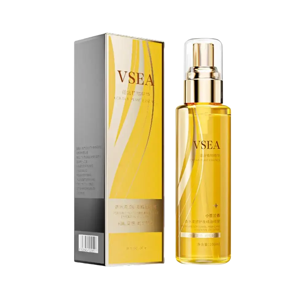 Vsea hair care essential oil spray 100ml in a golden bottle with amber liquid and matching yellow silver packaging