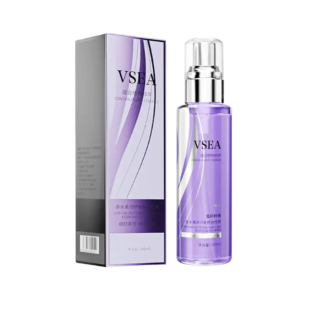 Vsea purple glass bottle with silver pump and box labeled perfume skin essence essential oil hair care oil spray 100ml