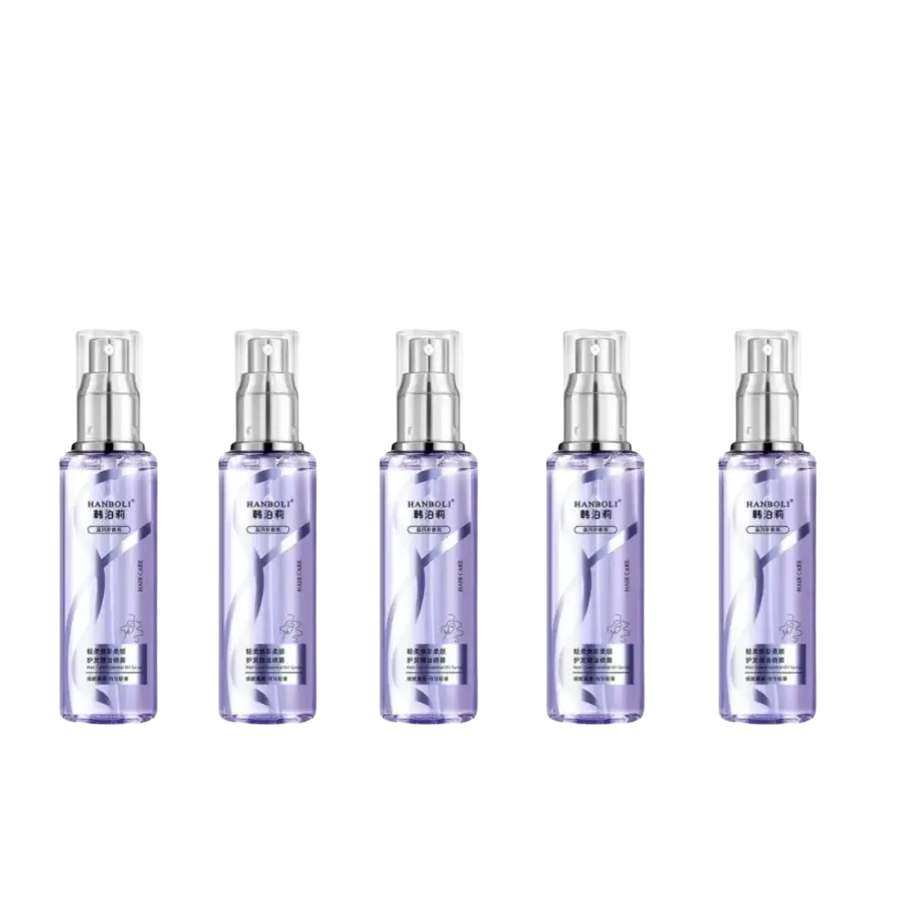 Five transparent purple hanboli essential oil spray bottles with silver atomizers for hair care on dry frizzy hair