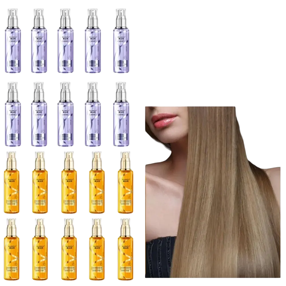 Five purple and ten golden essential oil hair care sprays in transparent bottles with metallic caps to apply proper care for dry frizzy hair