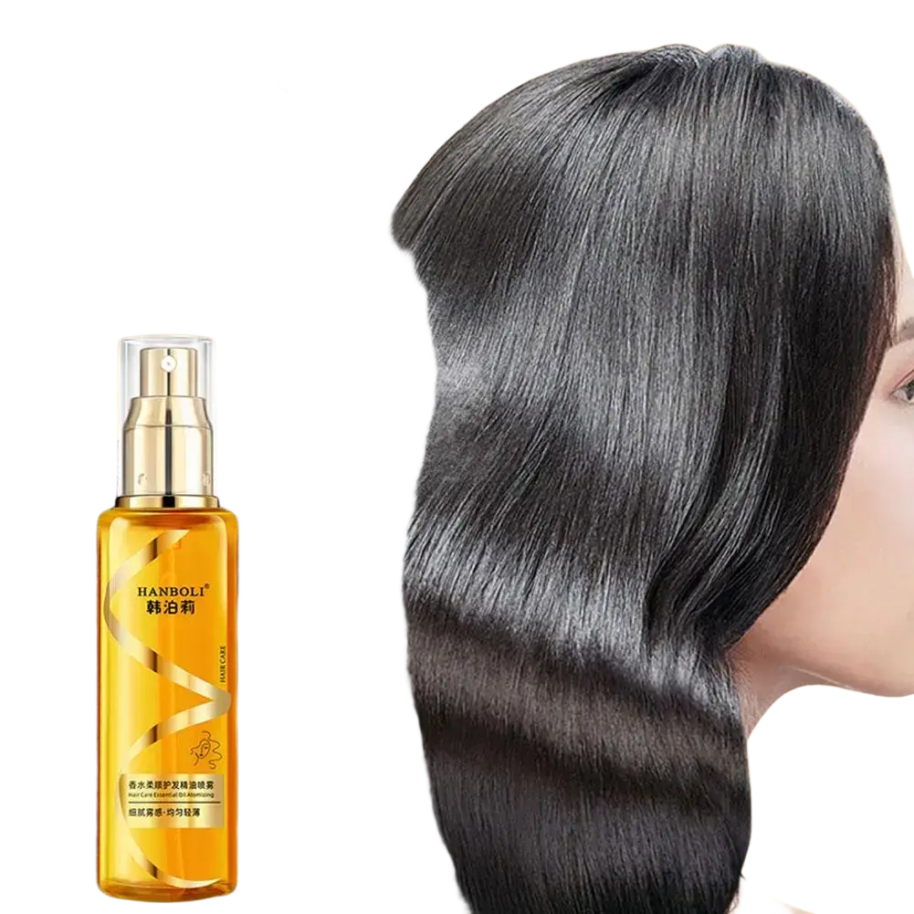 Golden hanboli essential oil hair care spray bottle with sleek metallic cap for apply proper dry frizzy hair treatment