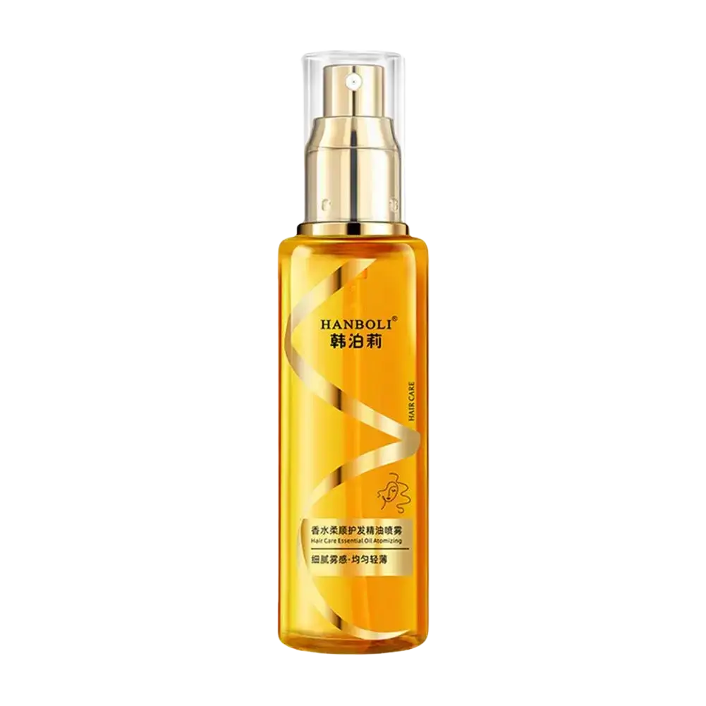 Golden-hued transparent glass bottle with gold spray nozzle embossed hanboli branding for hair care essential oil spray