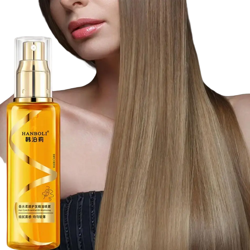 Golden transparent hanboli essential oil spray bottle with gold nozzle and swirling design for hair care apply proper use
